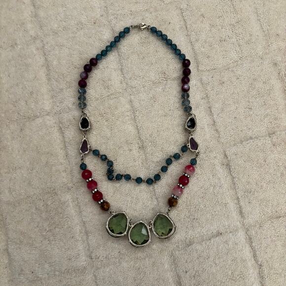 Anthropologie colorful enamel gem necklace layered boho statement pendant stone - Picture 2 of 3